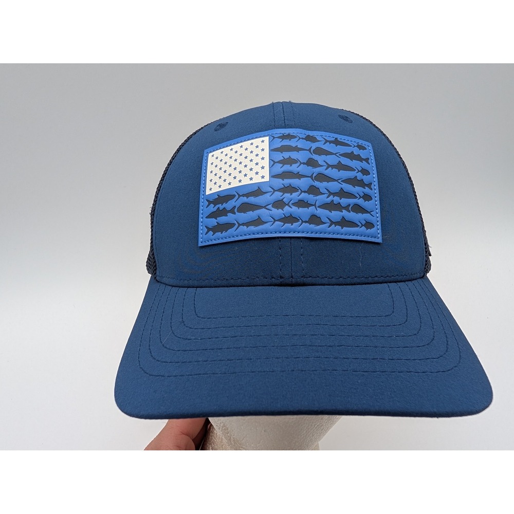 Columbia PFG Mens Navy Blue Mesh Snapback Hat American Flag Fish Patch Cap